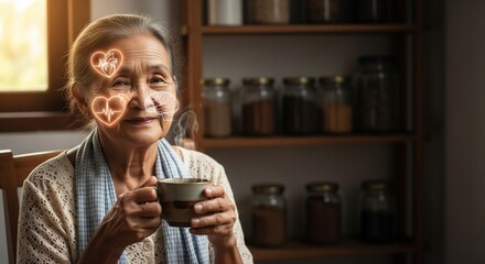 Cinematic portrait of elderly woman holding a cup of ginger tea with translucent heart and brain icons glowing beneath her skin