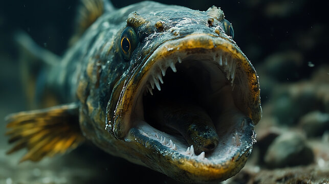 Fangtooth fish swimming with open mouth, ready to bite 