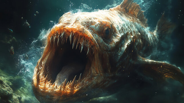 Fangtooth fish displaying its oversized fangs while feeding on smaller fish in the abyssal zone 