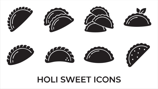 Holi sweet icons collection traditional indian festival food dessert flat black silhouette set
