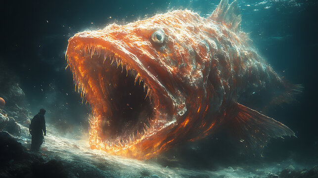 Fangtooth fish biting into a small fish in the abyss 