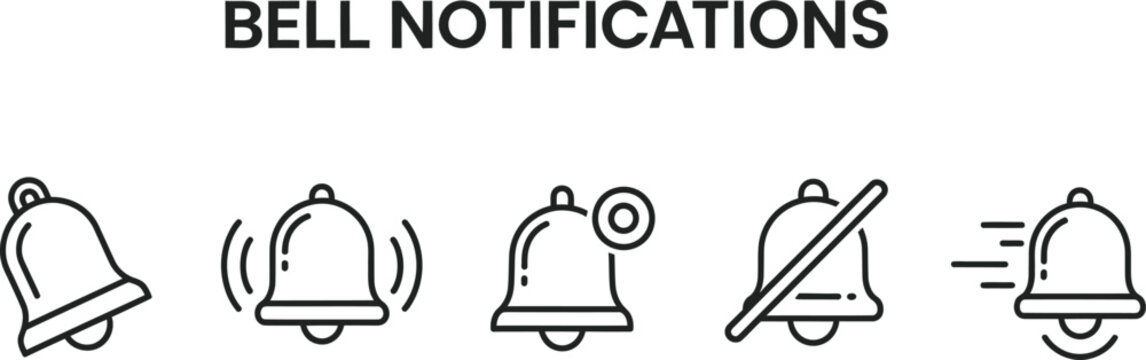Bell notification icon set for mobile app and web UI, featuring ringing alert, silent mute, badge dot, and alarm symbols, modern minimalist outline vector illustration