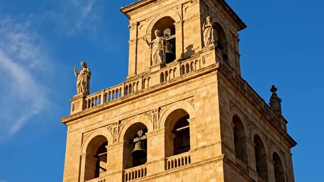 Close-up of a tall, ornate stone tower with arched windows, statues, bells, and a clear blue sky