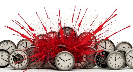 Clocks with grunge background with red paint