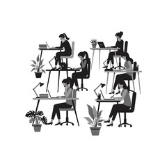 Illustration of People Working on Laptops at Desks.