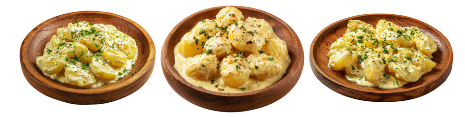Fototapeta premium Papa a La Huancana Sliced potatoes in creamy dressing with chili pepper, and garlic in wooden bowl isolated on white background