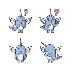 Cartoon narwhal with different emotions and question marks on white background