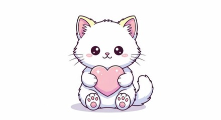 Obraz premium Cute Kitten and Heart: A darling kitten with wide, loving eyes cradles a delicate pink heart, symbolizing affection and tender care.