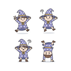 Cartoon wizard character set showing different poses and expressions with copy space