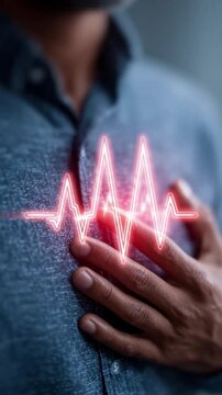 Heart attack and cardiovascular disease concept showing human heart with red glowing indicators for chest pain and blocked arteries, 3D medical anatomy for healthcare science, vertical.
