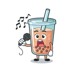 Cartoon bubble tea character singing with microphone and musical notes