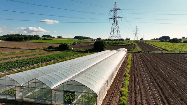 Aerial view of long greenhouses cultivating fresh produce on a farm