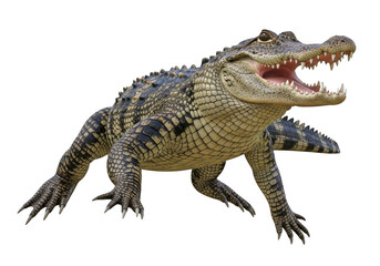 Fototapeta premium A menacing crocodile with its mouth open, showcasing sharp teeth, isolated on transparent background