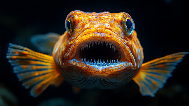 Deepsea lizardfish's sharp teeth visible as it feeds 