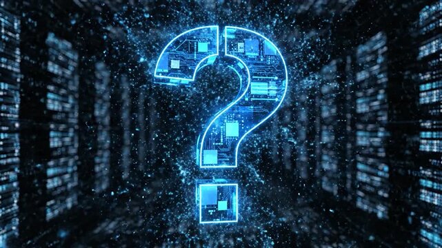 Digital question mark symbol glowing with circuit patterns in abstract