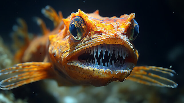 Deepsea lizardfish's sharp teeth visible as it feeds 