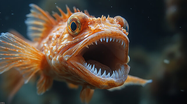 Deepsea lizardfish's sharp teeth visible as it feeds 