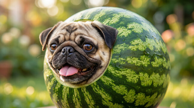 A pug's head peeking out of a round hole in a large green watermelon against a garden background