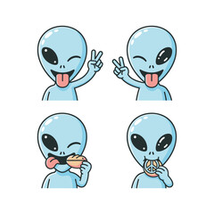 Cartoon alien characters showing peace and eating donuts with copy space
