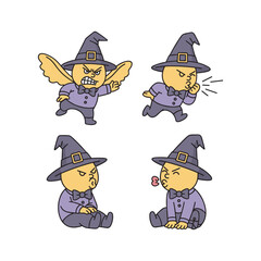 Cartoon wizard character showing different emotions in various poses with copy space