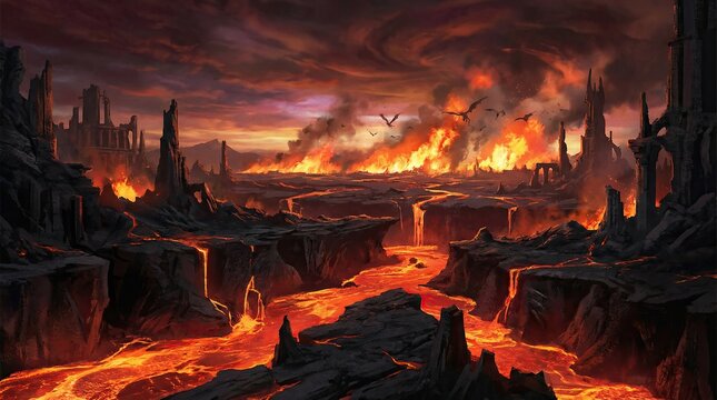 Hell engulfed in flames during armageddon scene concept. A dramatic volcanic landscape with flowing lava and ominous skies.