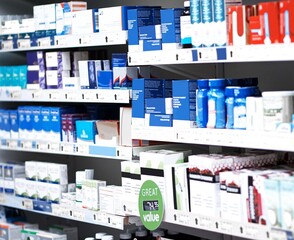 Medication, shelves and containers in empty pharmacy for prescription, pharmaceuticals or vitamins. Retail, healthcare and medicine stock inventory for supplements, pills or tablets at dispensary.
