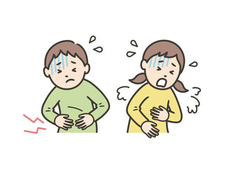 ノロウィルスや食中毒などで腹痛が起こる男の子と嘔吐する女の子
