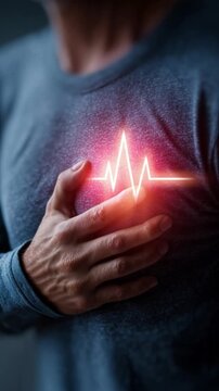 Detailed 3D render of a human heart with red pain sparks, cardiovascular health awareness concept for hypertension, artery blockage, and cardiac arrest diagnosis and education, vertical.