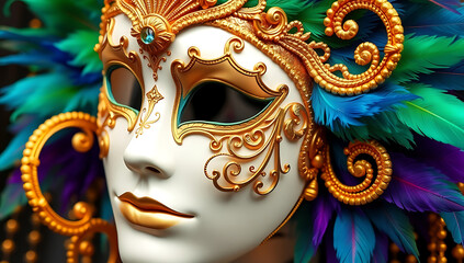 A white masquerade mask with gold filigree and vibrant blue, green, and purple feathers fanning from the sides, giving a festive, elaborate look, 32K Resolution