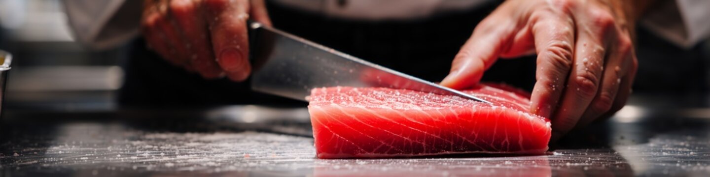 Close-up of chef hands slicing fresh raw tuna fish with knife. Professional cook preparing sashimi or sushi in restaurant kitchen