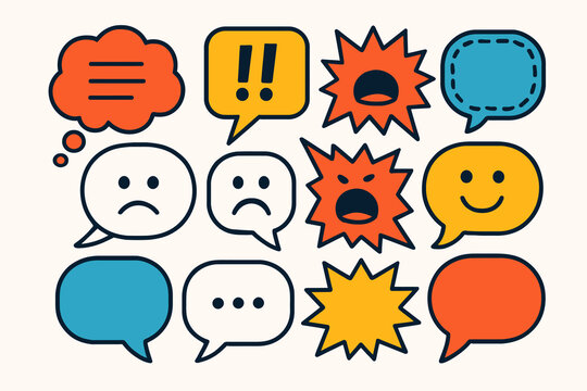 Collection of colorful speech bubbles with various expressions and emotions for communication.