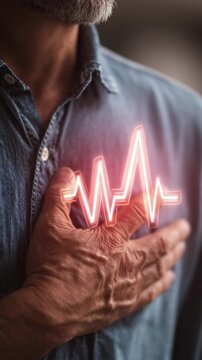 Human heart anatomy 3D illustration with glowing red markers representing heart attack, myocardial infarction, and cardiovascular disease, medical science visualization for healthcare, vertical.