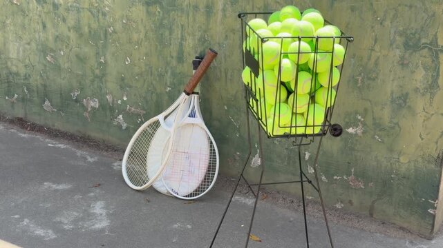 A bucket of tennis balls and tennis rackets on a training tennis court.