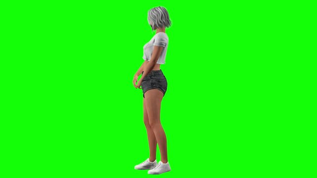Female model slight hip shift pose on green screen chromakey background in 3d animated cartoon animation style. Confident sporty fashion presentation for advertising compositing.