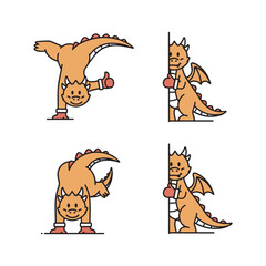 Cartoon dragon doing yoga and boxing poses with a smiling face