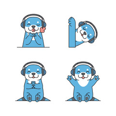 Cartoon seal wearing headphones in various poses on white background