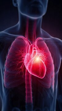 Cardiovascular system health awareness with 3D anatomical heart and red pain indicators, medical illustration for diagnosing heart disease, stroke, and myocardial ischemia, vertical.