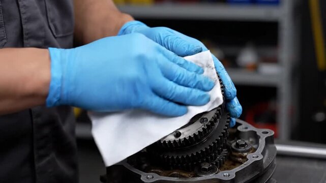 A gloved mechanic wipes a gear component with a paper towel during a machinery repair procedure
