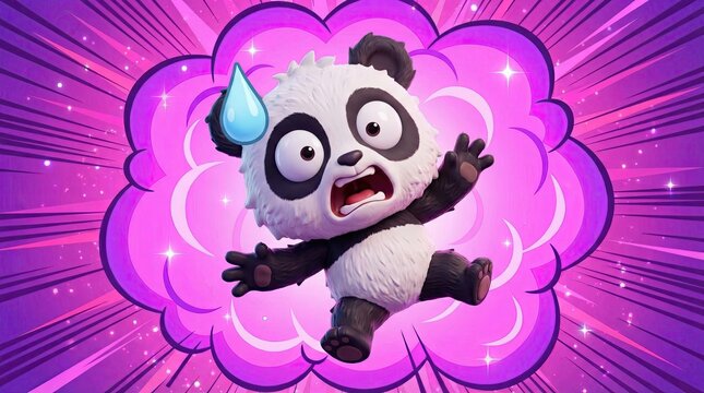 Shocked panda with big eyes on pink background concept. An animated panda character expressing surprise and humor.