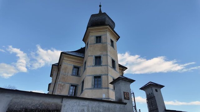 Slow motion macro of the Wallfahrtskirche Frauenberg facade in Styria, Austria