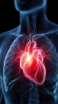 Detailed 3D anatomy of the human heart for cardiology research, red markers showing cardiac distress, inflammation, and heart failure, medical visualization for health awareness, vertical.
