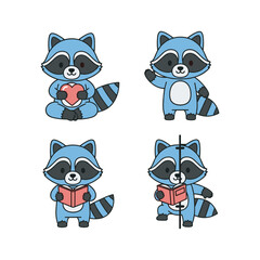 Cartoon raccoons reading books in various poses with copy space
