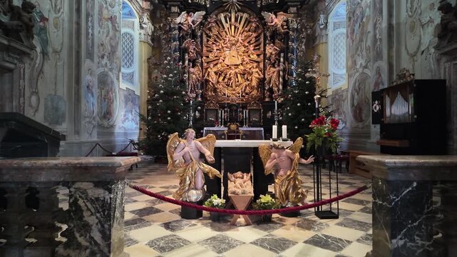 Slow motion macro of the ornate golden high altar in Frauenberg Church, Styria, Austria