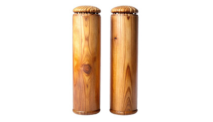 Two tall cylindrical wooden containers, with lids, standing upright