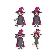 Cartoon wizard character in various yoga poses with pink hat and cape on white background