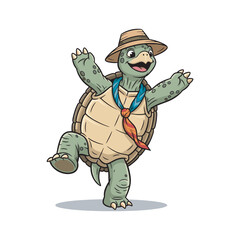 Happy cartoon turtle dancing in safari hat and tie on white background
