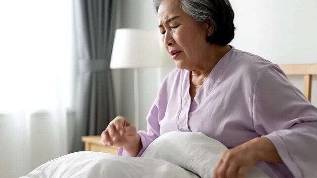 An elderly woman sits on her bed, holding her painful lower back. This footage is perfect for content on the challenges of aging, senior healthcare, arthritis, and chronic pain management.