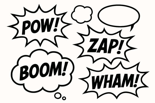 Comic book sound effects in speech bubbles, action words, graphic design elements.