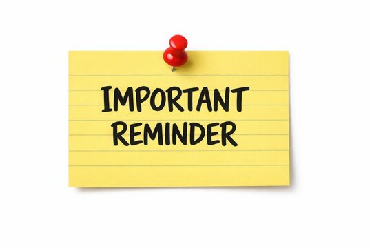 Important reminder text on lined yellow post it note with red push pin isolated