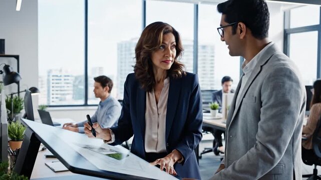 Two business professionals in an office setting reviewing architectural plans on a large digital screen